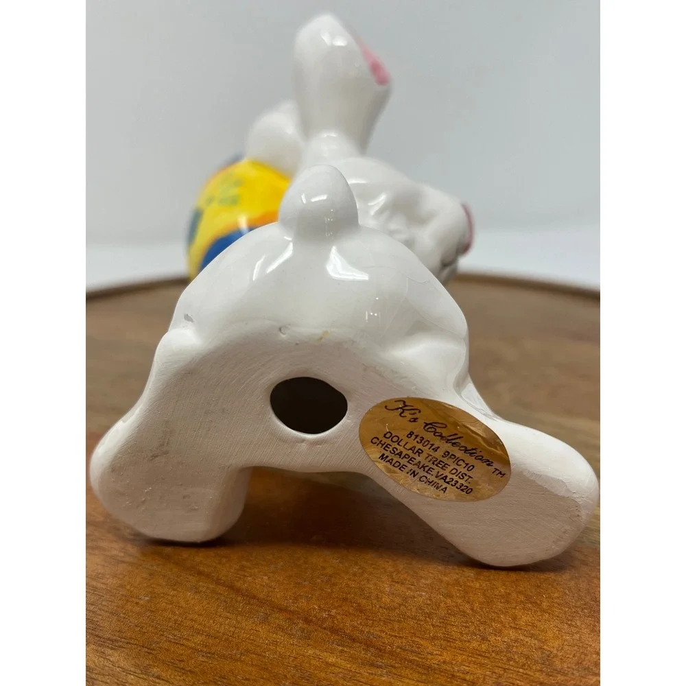 K's Collection White Bunny‎ Rabbit Egg Cup Holder Yellow Blue Floral Design